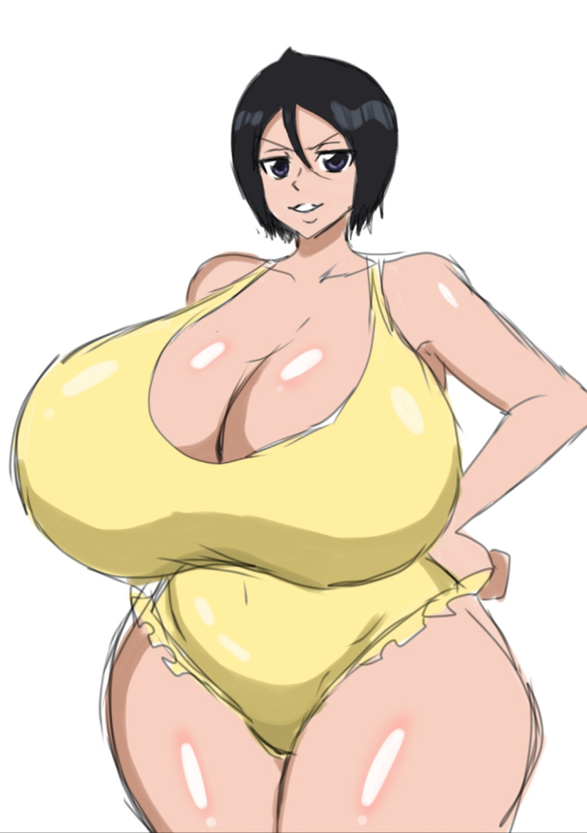 1girls alternate_breast_size bare_shoulders big_breasts black_hair bleach blue_eyes breasts cleavage clenched_teeth clothing collarbone curvy eyelashes female female_focus female_only frilled_swimsuit frills gigantic_breasts grin hair_between_eyes hand_on_hip highres hips huge_breasts human kuchiki_rukia large_breasts looking_at_viewer momiji_(artist) parted_lips pinup revealing_clothes seductive shiny_skin short_hair simple_background skimpy smile solo solo_female teeth thick_thighs thighs venus_body voluptuous white_background wide_hips