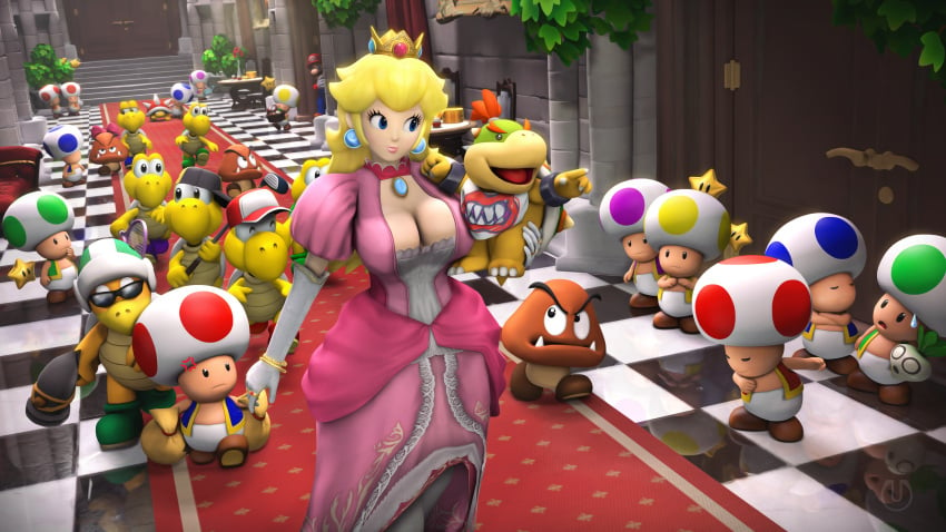 3d banskinator bowser_jr. cleavage goomba hammer_bros. holding_character koopa large_breasts lipstick male mario mario_(series) mother_and_son mushroom princess_peach public spiny star super_mario_bros. toad_(mario) urbanator