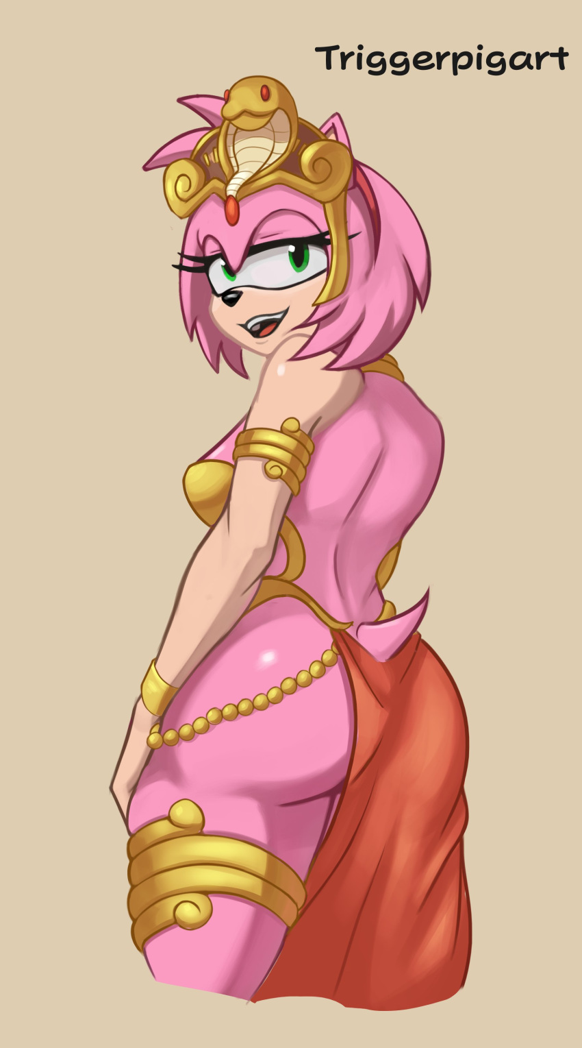 2022 amy_rose anthro ass belly_dancer cosplay crossover crossover_cosplay eulipotyphlan female furry_female harem_outfit hedgehog hedgehog_girl hi_res looking_back pink_body sega shantae sideboob simple_background smile solo sonic_(series) sonic_the_hedgehog_(series) triggerpigart