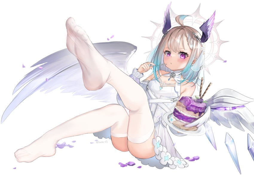 1girls ahoge angel_wings ass bare_shoulders blush cake enna_alouette exposed_shoulders feet_focus feet_up fork fully_clothed gradient_hair holding_fork leaf_crown legwear light-skinned_female light_skin looking_at_viewer nijisanji nijisanji_en purple_eyes see-through see-through_stockings short_hair solo stick-o stockings thighhighs thighs virtual_youtuber wafer_stick wings