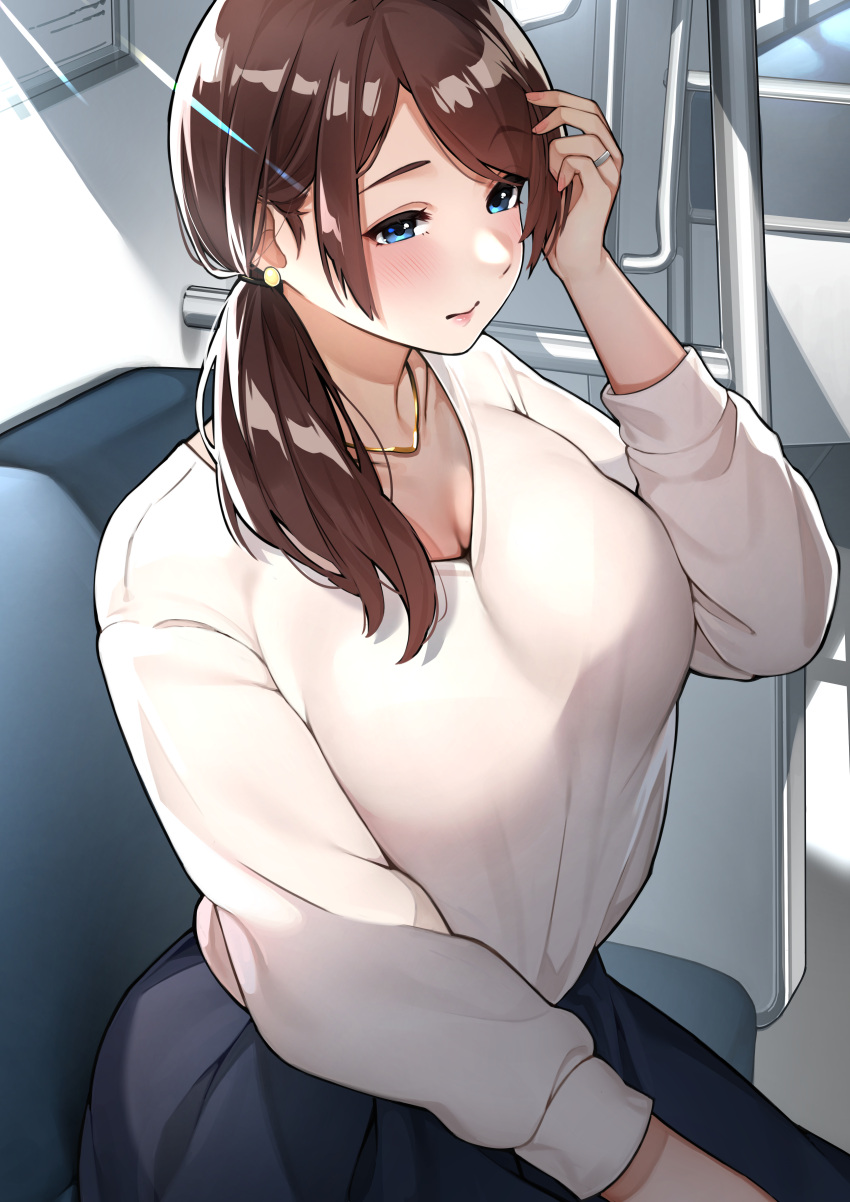 1girls absurd_res adjusting_hair big_breasts blue_eyes blush breasts brown_hair curvy female female_focus fully_clothed highres large_breasts married_woman mature_female milf original original_character ponytail ring sakuranotomoruhie sitting skirt wife