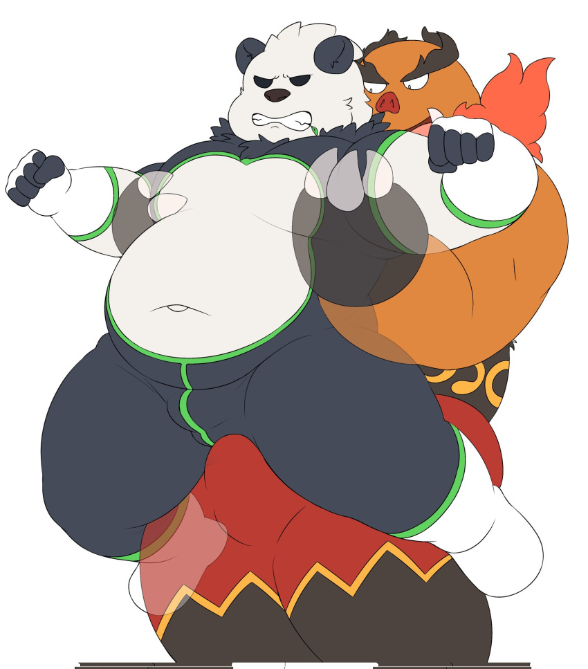 2022 anthro belly big_belly black_body bulge clothed clothing duo emboar generation_5_pokemon generation_6_pokemon gumpang0 hi_res kemono male male/male male_only navel nintendo orange_body overweight overweight_male pangoro pokemon pokemon_(species) video_games white_body