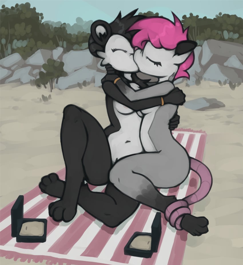 anthro arms_around_partner arms_around_shoulders barefoot beach bear didelphid digitigrade duo feet female female/female genitals giant_panda hair hi_res iris_crane kiss_on_lips kissing mammal marsminer marsupial mei_luoyang nipples nude outside pink_hair proposal pussy ring_box seaside tail_around_leg the_crane_family virginia_opossum wedding_bracelet