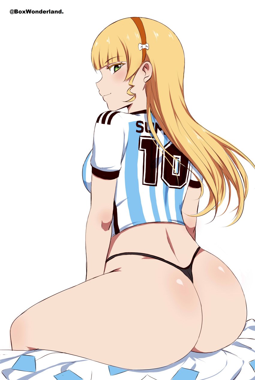 1girls 2022_fifa_world_cup angel_gabriel. argentina ass big_ass blonde_hair box_wonderland bubble_ass bubble_butt female fifa green_eyes heanna_sumire hi_res jersey love_live! love_live!_superstar!! national_personification no_pants sitting thong wide_hips world_cup