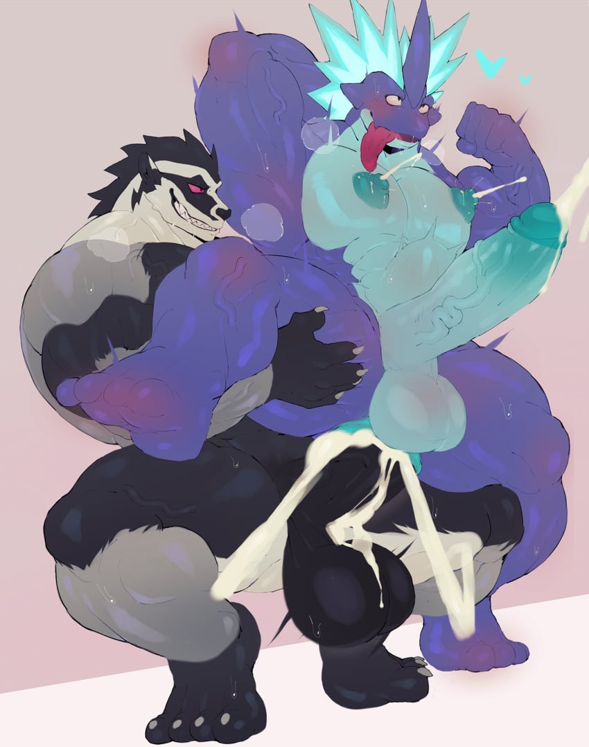 2boys anthro bara big_breasts big_penis cum cum_inside cum_overflow gay kd_gai lactating lactation low_key_toxtricity male male_lactation male_only muscular muscular_anthro obstagoon pokemon tongue_out toxtricity yaoi