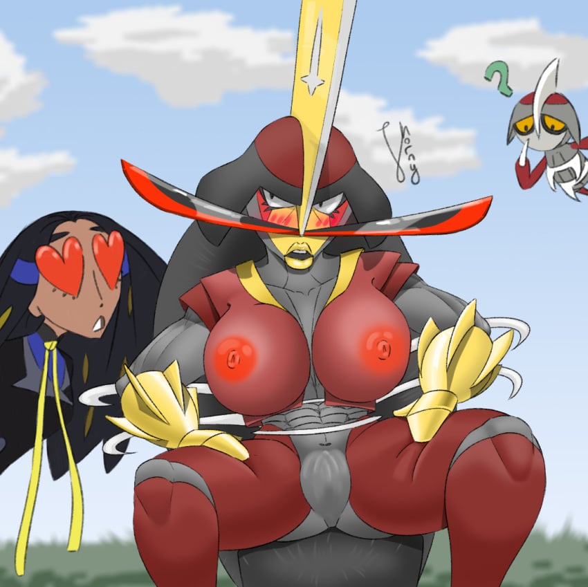 anthro big_breasts blush breasts clothed clothing embarrassed geeta_(pokemon) kingambit legs_apart legs_spread nipples pawniard pokémon_(species) pokemon pokemon_sv pussy red_body sitting