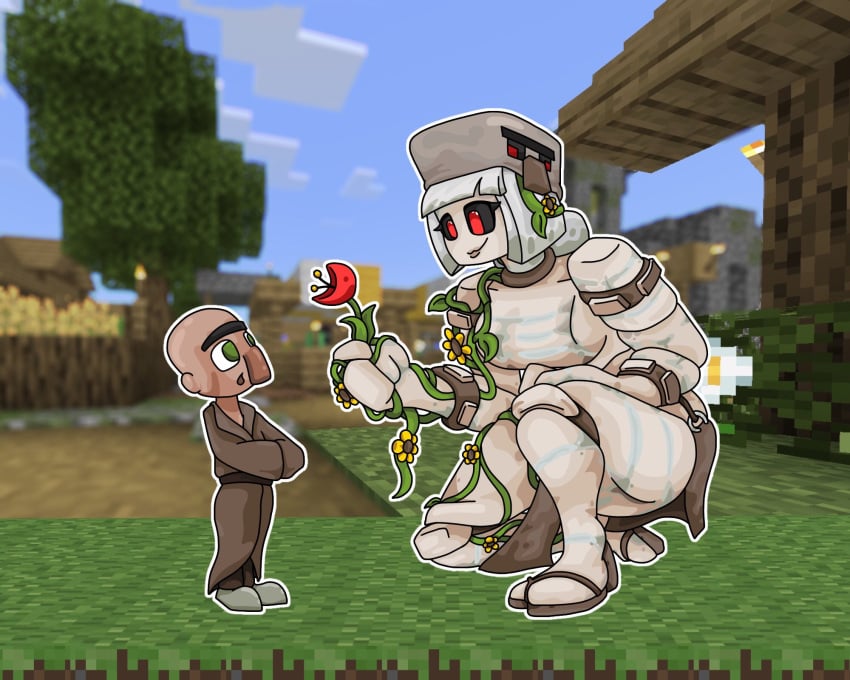 1boy 1girls bald bald_man big_breasts big_hair big_nose big_woman black_eyes boobs breasts brown_body brown_skin buff female flip_flops giant giant_breasts golem hat iron_golem_(minecraft) long_hair massive_breasts metal metal_skin metallic_body minecraft muscular muscular_female offering offering_flower pepsi_addict plant red_eyes rose rule_63 sandals sunflower sunflowers thick thick_ass thick_hips thick_legs thick_lips thick_thighs villager villager_(minecraft) white_body white_hair white_skin wholesome