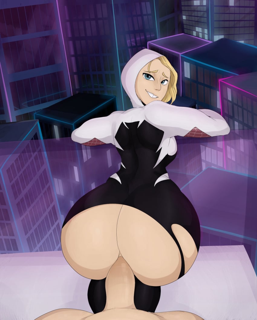 1boy 1girls anal ass asymmetrical_hair bent_over big_ass big_butt blonde_hair blue_eyes bodysuit city detnox doggy_style favorite from_behind ghost-spider gwen_stacy gwen_stacy_(spider-verse) highres hood hood_up huge_ass marvel penis pov sex short_hair smile spider-gwen spider-man:_into_the_spider-verse spider-man_(series) straight straight_hair torn_clothes windows