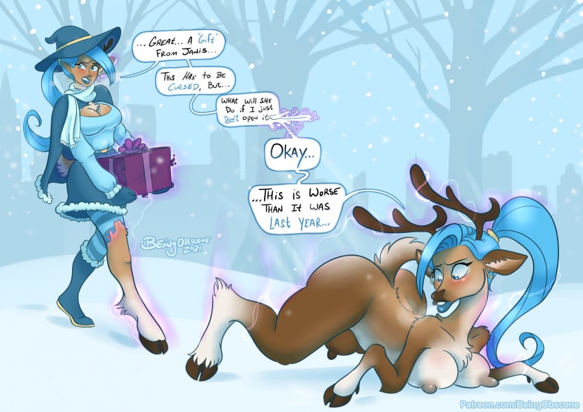 beingobscene blue_hair breasts capreoline crotchboobs deer dialogue female gift hair hi_res hooves human jenelle_the_witch_(beingobscene) long_hair magic mammal mid_transformation nipples nude outside plant reindeer semi-anthro snow solo species_transformation transformation tree udders