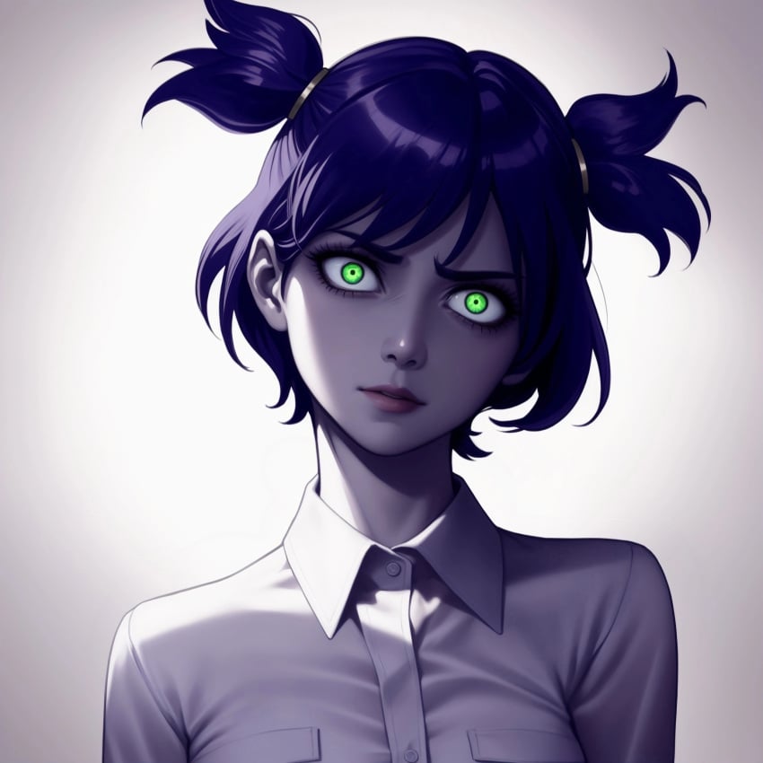 ai_generated button_down_shirt creepy death_stare everlasting_summer green_eyes lena_(everlasting_summer) light-skinned_female looking_at_viewer pigtails purple_hair solo solo_female solo_focus