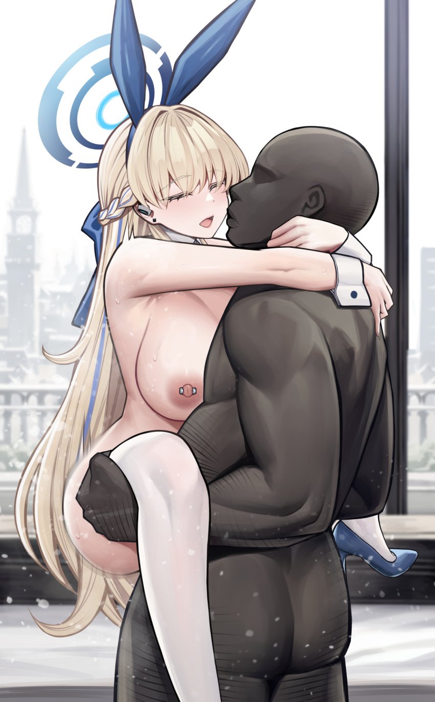 1boy animal_ears bald blonde_hair blue_archive blue_halo blush closed_eyes dark-skinned_male dark_skin fake_animal_ears female halo highres long_hair male millennium_science_school_student nipple_piercing nipples nude open_mouth piercing rabbit_ears sex siu_(siu0207) smile straight thighhighs thighs toki_(blue_archive) toki_(bunny)_(blue_archive) upright_straddle white_thighhighs wrist_cuffs