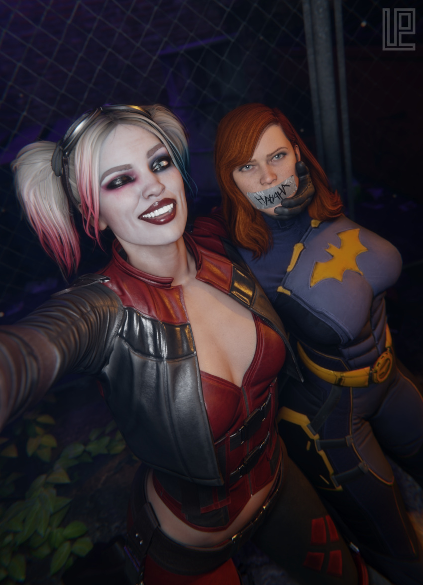 2girls 3d angry barbara_gordon batgirl batgirl_(gotham_knights) batman_(series) blonde_hair blue_eyes cleavage clothed dc dc_comics defeated_heroine eyeshadow face_grab female female_only gotham_knights harley_quinn harley_quinn_(injustice) injustice_2 lazper lipstick long_hair looking_at_viewer red_hair selfie smile_at_viewer taped_mouth