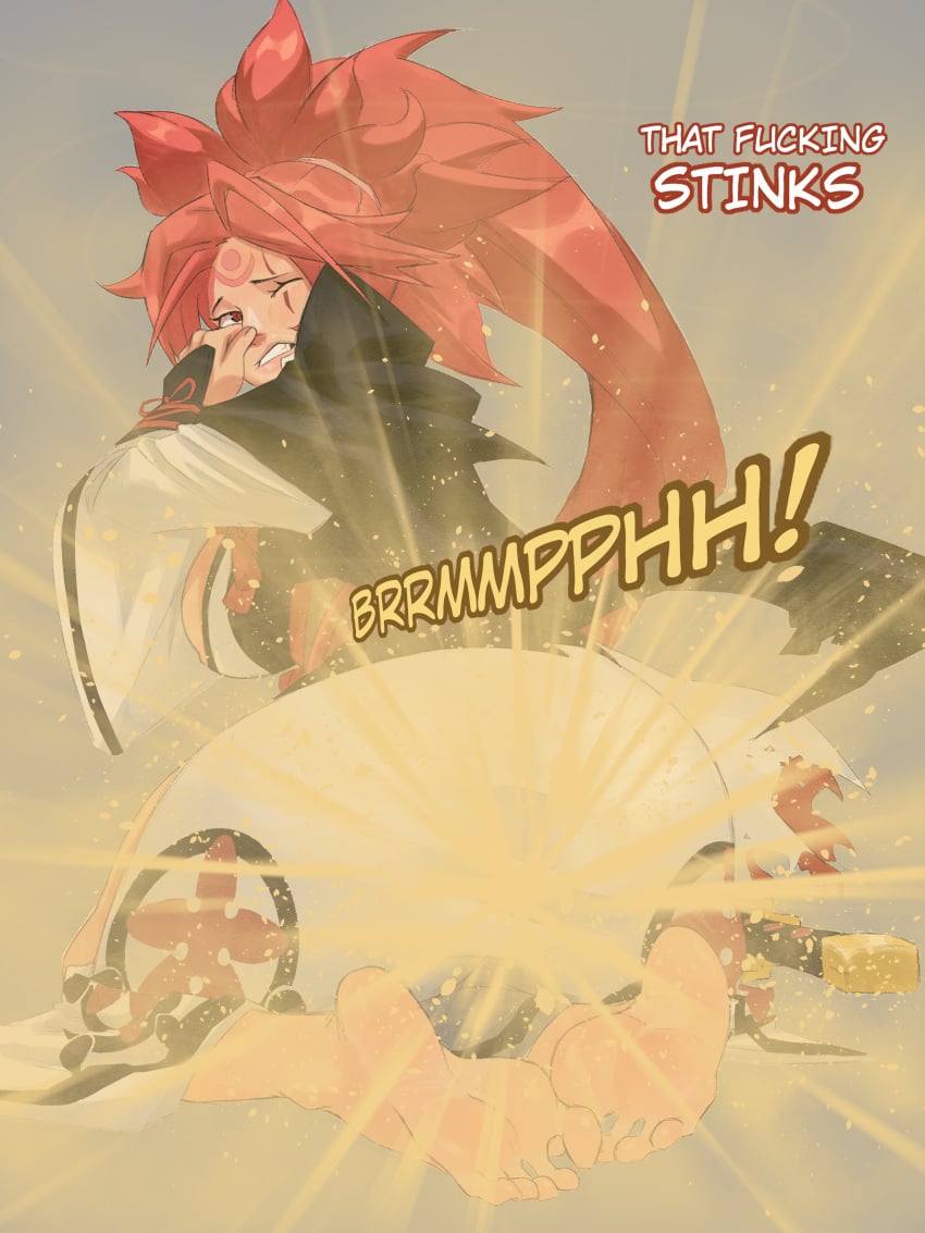 1girls ass back_view baiken barefoot big_breasts breasts dialogue fart fart_cloud fart_fetish farting feet female guilty_gear holding_nose pink_hair shuzen_buttz solo text