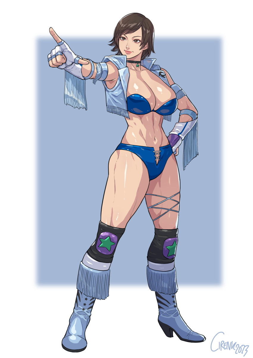 1girls athletic_female big_breasts boots brown_eyes brown_hair cirenk cleavage female_abs fit_female kazama_asuka namco tekken tekken_tag_tournament_2 vest wrestling_boots wrestling_outfit wrestling_shorts wrestling_top