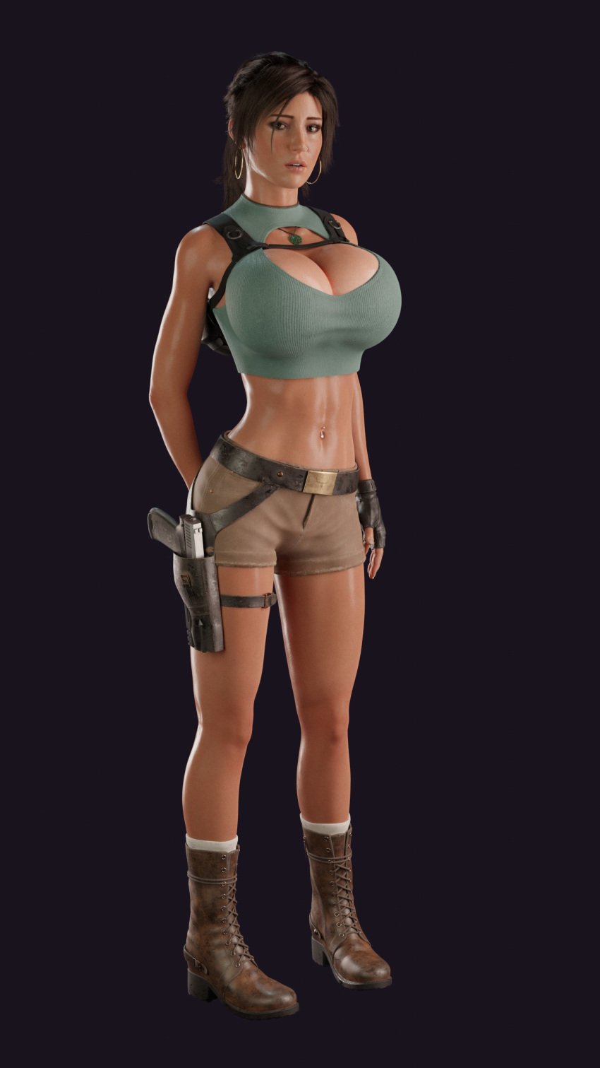 3d abs alternate_breast_size alternate_costume alternate_version_available areolae athletic athletic_female backpack bare_midriff belly big_breasts bimbo boots breast_cutout breasts breasts_out brown_boots brown_eyes brown_hair bulging_breasts busty caucasian caucasian_female cleavage cleavage_cutout cleavage_window clothed clothing crop_top dark_hair earrings exposed_breasts female female_focus female_only fingerless_gloves firearm fit fit_female front_view full_body green_necklace holster hoop_earrings hourglass_figure human lara_croft lara_croft_(survivor) large_breasts leather_boots legs light-skinned_female light_skin long_legs makeup midriff muscle_tone navel navel_piercing necklace nipples perky_breasts piercing pink_areola pink_nipples pistol plain_background ponytail purple_background ranged_weapon short_shorts shorts smuttymcdirt solo standing tan tan_body tan_line tan_skin tanline thigh_holster thigh_strap tomb_raider tomb_raider_(survivor) toned toned_female weapon wide_hips