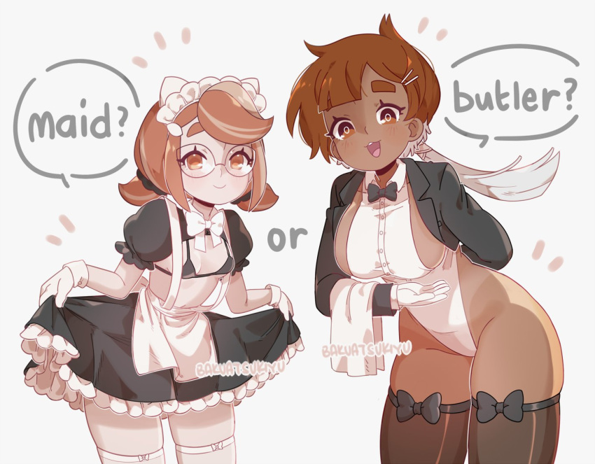 2girls :3 almond_milk_(bakuatsukiyu) bakuatsukiyu big_breasts bikini_top brown_hair butler coconut_milk_(bakuatsukiyu) dark-skinned_female dark_skin dress dress_lift english_text female glasses gloves highres leotard maid maid_headdress maid_uniform medium_hair milk_girls original pale-skinned_female pale_skin short_hair simple_background skindentation small_breasts text thick_thighs thighhighs very_short_hair white_background