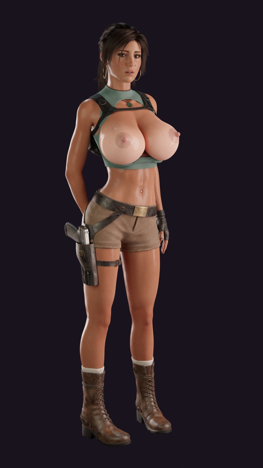 1female 1girls 3d abs alternate_breast_size alternate_costume alternate_version_available areolae athletic athletic_female backpack bare_midriff belly big_breasts bimbo boots breast_cutout breasts breasts_out brown_boots brown_eyes brown_hair busty caucasian caucasian_female cleavage cleavage_cutout cleavage_window clothed clothing crop_top dark_hair earrings exposed_breasts female female_focus female_only fingerless_gloves firearm fit fit_female front_view full_body green_necklace holster hoop_earrings hourglass_figure human lara_croft lara_croft_(survivor) large_breasts leather_boots legs light-skinned_female light_skin long_legs makeup midriff muscle_tone navel navel_piercing necklace nipples perky_breasts piercing pink_areola pink_nipples pistol plain_background ponytail purple_background ranged_weapon short_shorts shorts smuttymcdirt solo solo_female standing tan tan_body tan_line tan_skin tanline thigh_holster thigh_strap tomb_raider tomb_raider_(survivor) toned toned_female weapon wide_hips