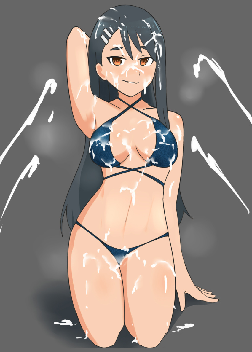 1girls bikini black_hair blush breasts brown_eyes bukkake clothed clothing cum cum_on_body cum_on_breasts cum_on_face cumshot female female_focus female_only hayase_nagatoro hi_res highres long_hair navel oksandio please_don't_bully_me,_nagatoro pose revealing_clothes simple_background sitting small_breasts smile solo tan tan-skinned_female tan_body tan_skin tanned tanned_female