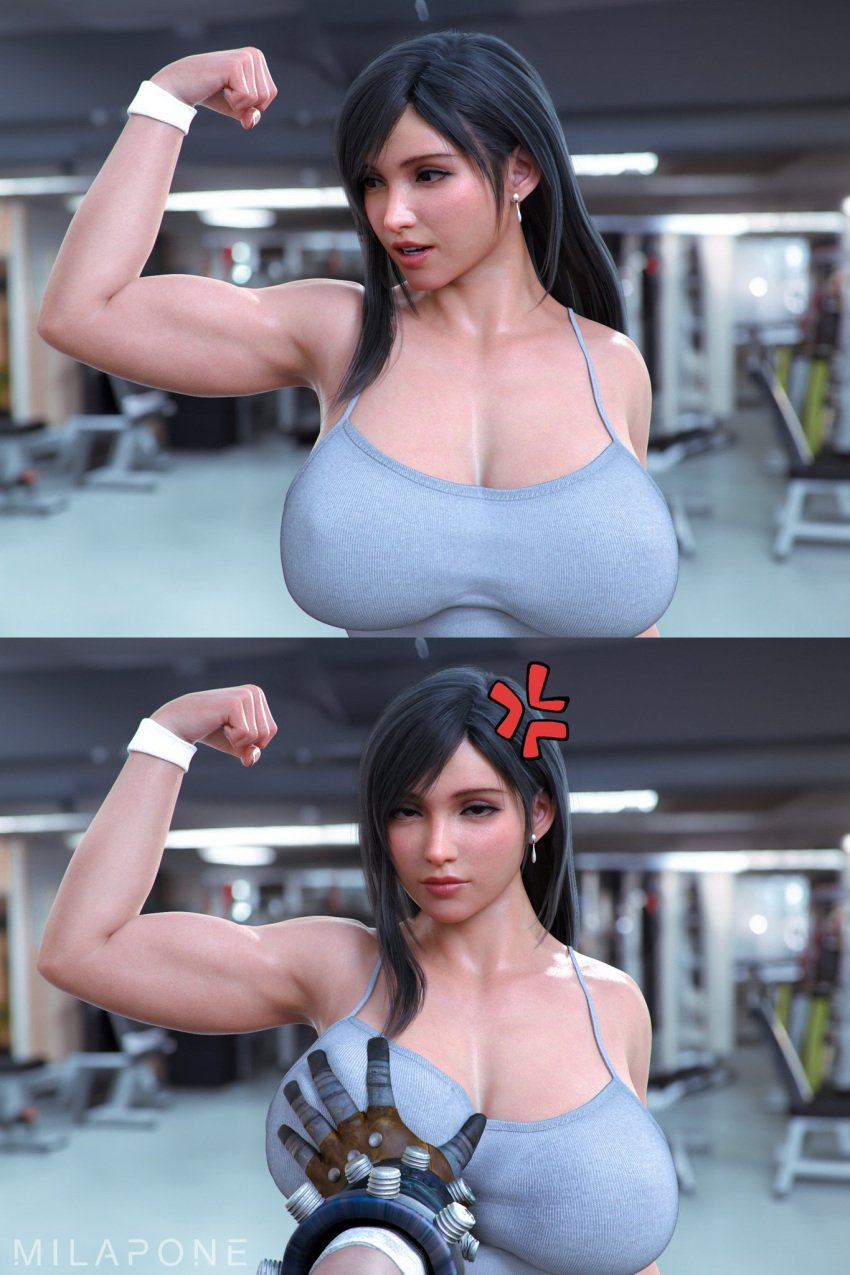 1girls 3d anger_vein angry artist_name asian asian_female big_breasts busty dark_hair female female_focus final_fantasy final_fantasy_vii final_fantasy_vii_rebirth final_fantasy_vii_remake flexing_bicep go_on_feel_it_(meme) grabbing_breast groping gym huge_breasts large_breasts light-skinned_female light_skin meme milapone molestation muscular muscular_female red_eyes square_enix straight tifa_lockhart