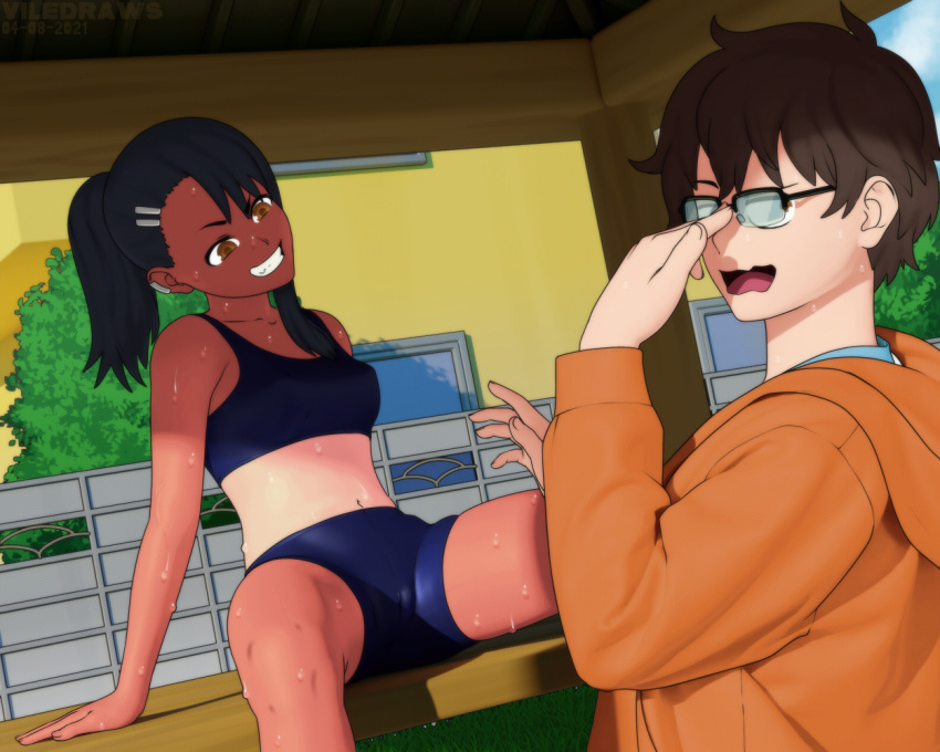 1boy 1girls 3d black_hair breasts brown_eyes brown_hair clothed clothing female glasses hayase_nagatoro hi_res highres long_hair naoto_hachioji_(senpai) navel open_mouth please_don't_bully_me,_nagatoro ponytail revealing_clothes short_hair simple_background sitting small_breasts smile sports_bra sportswear spread_legs sweat tan tan-skinned_female tan_body tan_skin tanline tanned tanned_female viledraws