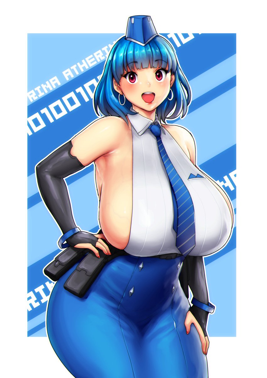 1girls absurdres armpit backless bakunyuu bare_shoulders black_elbow_gloves black_fingerless_elbow_gloves black_fingerless_gloves blue_clothing blue_hair blue_hair_female blue_headwear blue_necktie blue_skirt blunt_bangs border bracelet breasts breasts_bigger_than_head brid_(nikke) bridal_gauntlets candy_blue_hair character_name curvaceous curvy earrings elbow_gloves erkaz erkaz_(artist) erkazooya errorkazoo eye_contact eyebrows_visible_through_hair fingerless fingerless_elbow_gloves fingerless_gloves fingernail_polish fingernails garrison_cap gigantic_breasts goddess_of_victory:_nikke hairband hand_on_hip hat headwear hi_res high-waist_skirt high_resolution highres huge_breasts huge_cleavage jewelry long_skirt looking_at_viewer nail_polish necktie neckwear open_mouth original original_character outline outside_border pencil_skirt pose posing pouch red_eyes red_eyes_female red_fingernail_polish red_fingernails red_nail_polish red_nails rina_atherina short_blue_hair short_hair short_hair_female shoulderless_shirt sideboob skirt smile smiling_at_viewer solo solo_female stewardess striped_necktie striped_neckwear stripes tight_skirt veins veiny_breasts voluptuous voluptuous_female white_background white_border white_hairband white_outline white_stripes