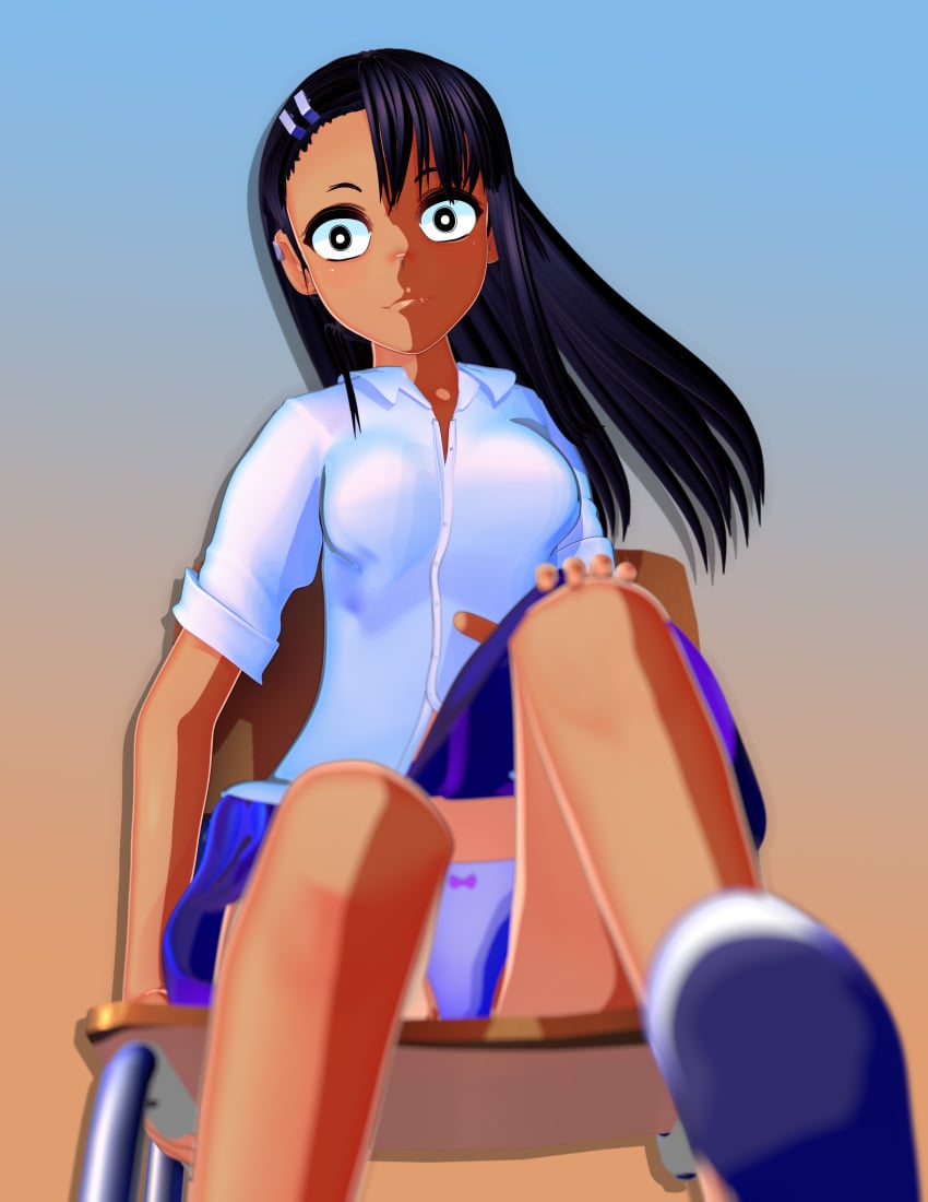 1girls 3d banchouforte black_hair blush breasts brown_eyes clothed clothing female female_focus female_only hayase_nagatoro hi_res highres long_hair looking_at_viewer please_don't_bully_me,_nagatoro pose revealing_clothes simple_background sitting skirt small_breasts solo tan tan-skinned_female tan_body tan_skin tanline tanned tanned_female upskirt