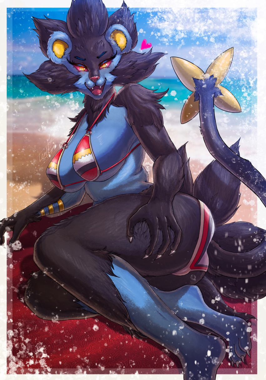 anthro ass big_breasts big_butt black_body black_fur blue_body blue_fur breasts felid feline female fur generation_4_pokemon lent_si looking_at_viewer luxray mammal nintendo non-human_bra open_mouth open_smile pokémon_(species) pokemon pokemon_(species) smile solo