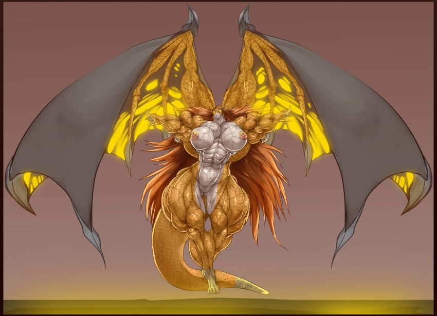 b9tribeca big_muscles breasts brown_hair cheetah dragon feline feline female hair hybrid large_muscles long_hair muscles muscular muscular_arms muscular_female muscular_legs muscular_thighs tail wings xilimyth