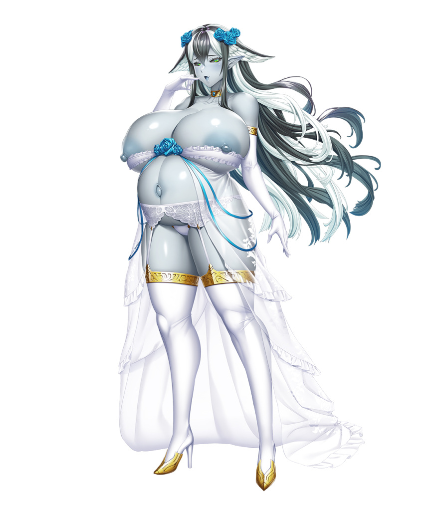 1girls belly_button black_sclera blue-skinned_female blush blushing_at_viewer breast_grab bride dress elf_ears flower_in_hair full_body garter_belt gigantic_breasts gray_hair green_eyes hand_to_own_mouth high_heels huge_belly huge_breasts jewelry large_areolae large_breasts lilith-soft long_hair looking_at_viewer multicolored_hair nipple_slip obui official_art open_mouth pointy_ears pregnant pregnant_belly pregnant_female ready_to_fuck ready_to_pop skimpy skimpy_bikini skimpy_dress taimanin_(series) taimanin_rpgx thick_thighs thighhighs two_tone_hair wedding_dress white_background wisp_(taimanin_asagi)