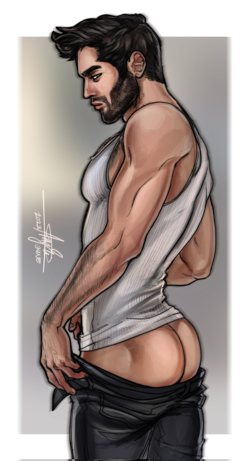 1boy 2023 angkis-ayy artist_signature ass bara barazoku beard body_hair clothing derek_hale facial_hair gay human looking_at_viewer male male_only manly muscular_male mustache no_visible_genitalia solo stiles_stilinski teen_wolf