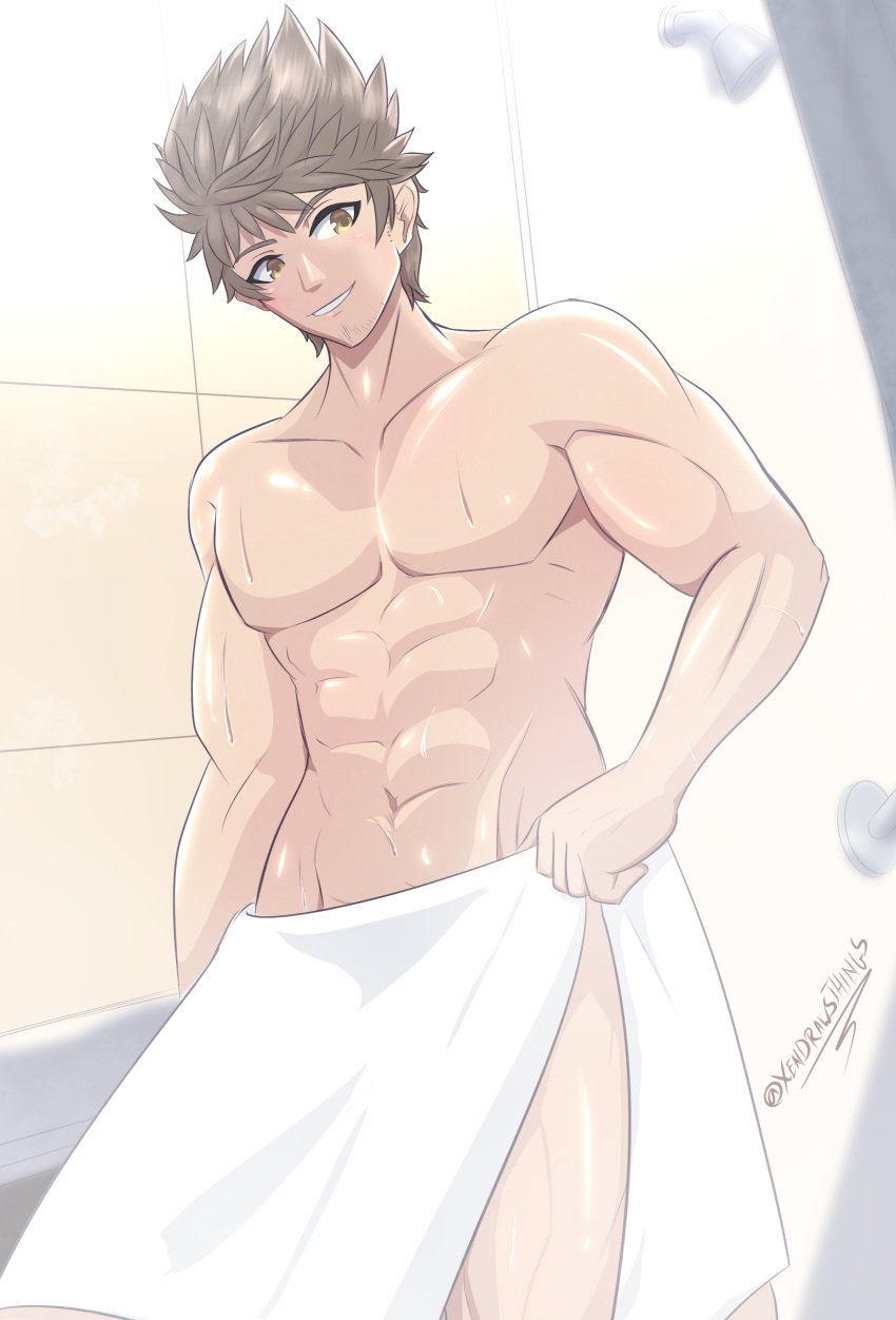 1boy abs brown_hair gold_eyes rex_(xenoblade) tagme towel xendrawsseggs xendrawsthings xenoblade_(series) xenoblade_chronicles_2 xenoblade_chronicles_3