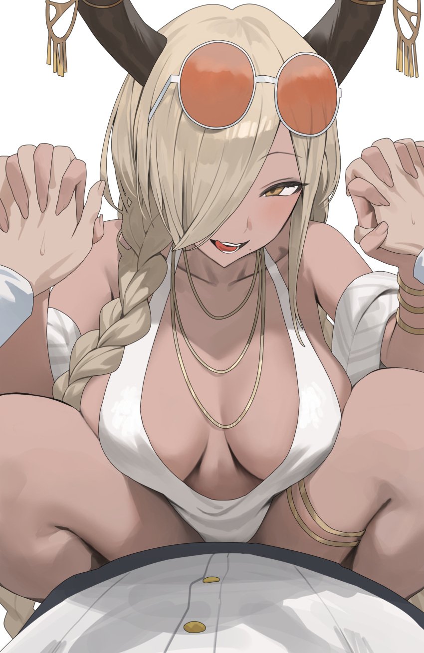 1boy 1girls azur_lane blonde_hair breasts brown_skin female female_on_top gyaru hair_over_one_eye hand_holding holding_hands hood_x_art horns huge_breasts interracial large_breasts licking_lips licking_toes light-skinned_female light_skin long_hair male male_pov owari_(azur_lane) owari_(shimmering_forsythia)_(azur_lane) pov sakura_empire_(azur_lane) smile tan-skinned_female tan_skin