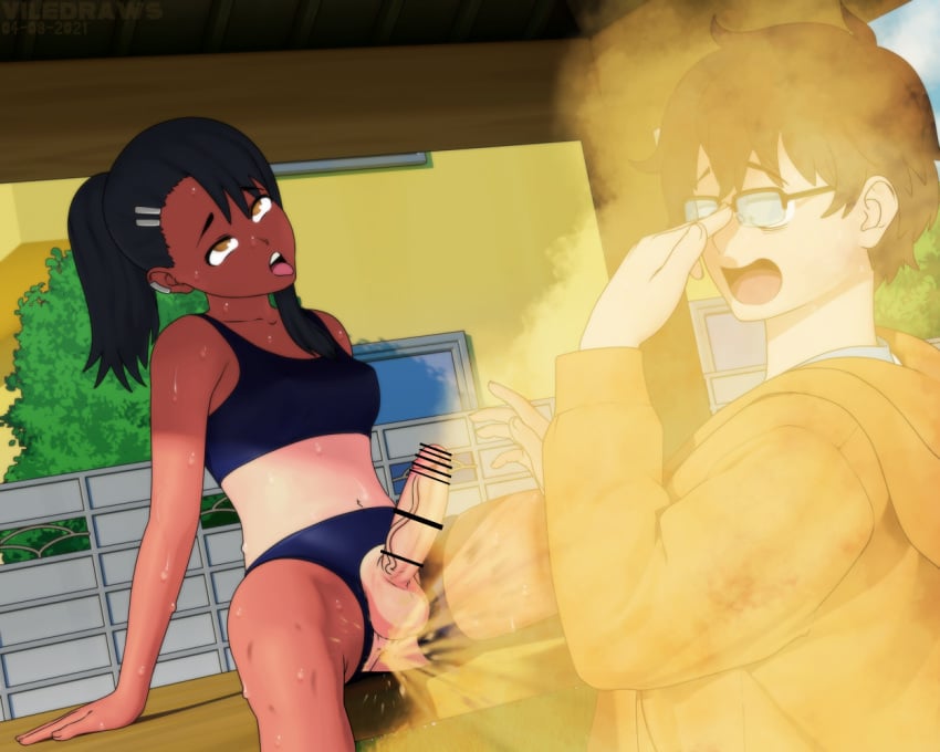 1boy 1futa big_penis black_hair blush breasts brown_eyes brown_hair censored clothed clothing erection fart futanari glasses hayase_nagatoro hi_res highres long_hair naoto_hachioji_(senpai) navel open_mouth penis please_don't_bully_me,_nagatoro ponytail revealing_clothes short_hair simple_background sitting small_breasts smile sports_bra sportswear spread_legs sweat tan tan-skinned_futanari tan_body tan_skin tanline tanned tanned_futa tongue_out torn_clothes viledraws