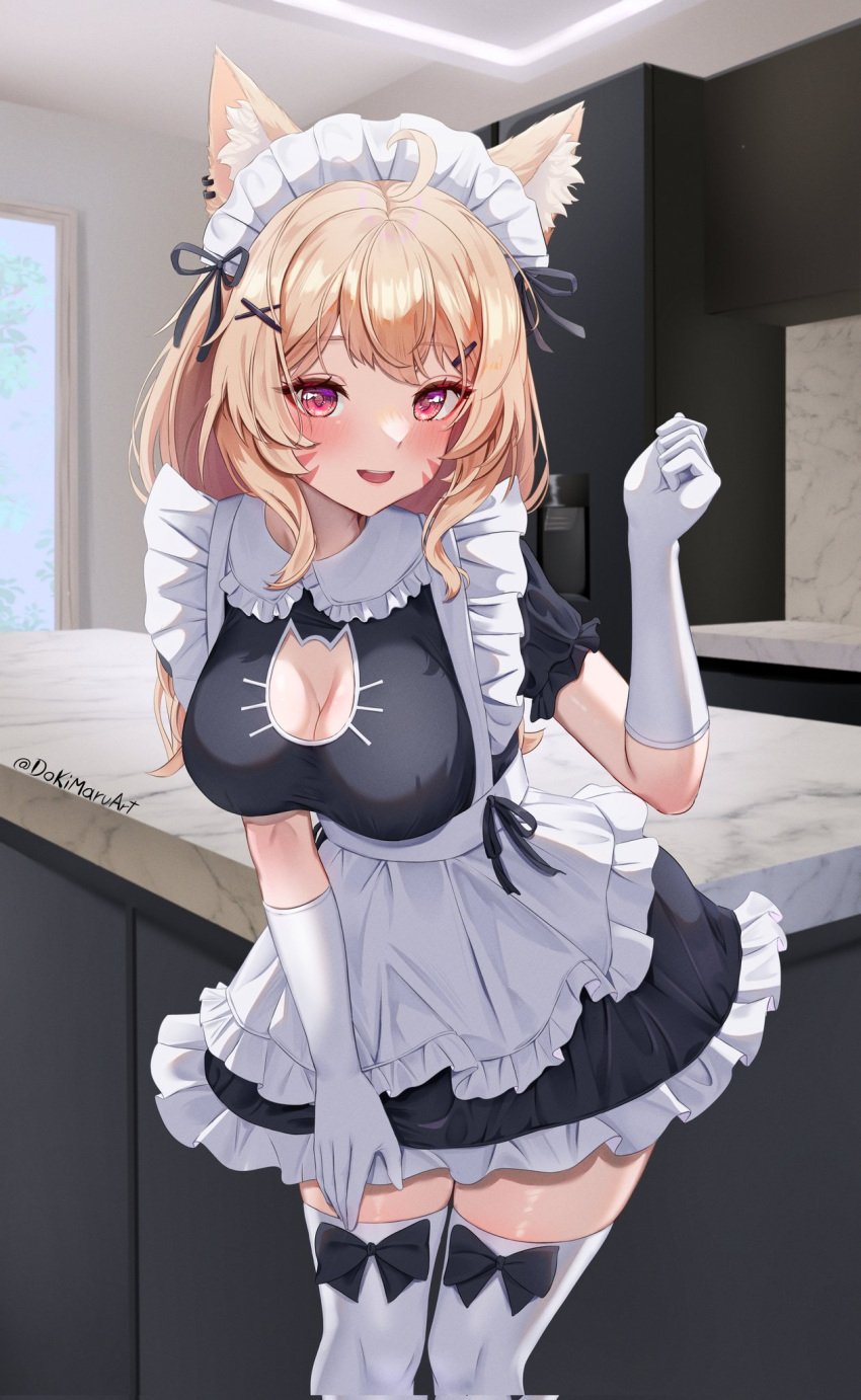 blonde_hair cat_ears cat_tail catgirl face_markings female_only maid_outfit maid_uniform red_eyes squchan_(vtuber) virtual_youtuber vyugen