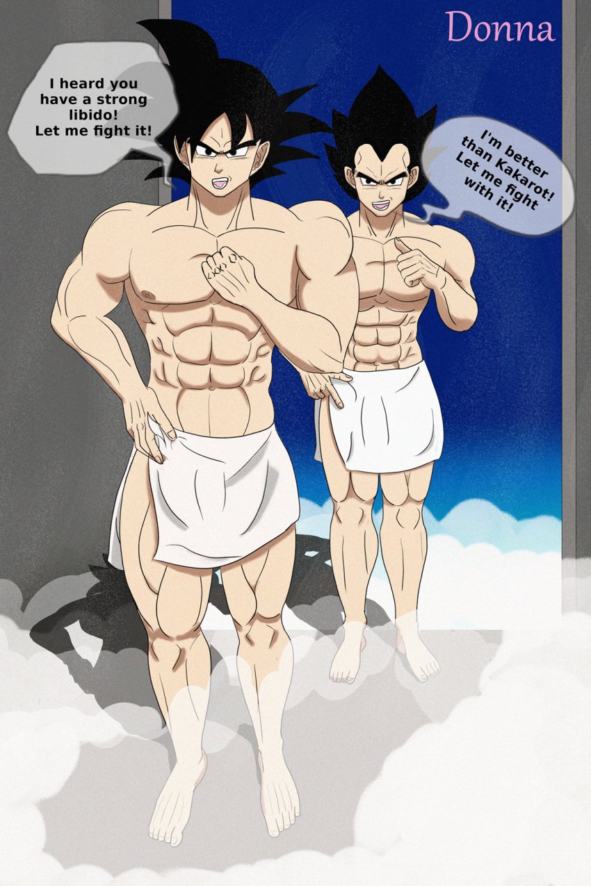 2boys abs bulge captions donnalisianthus dragon_ball_(series) flaccid goku male male_only muscles muscular_male pecs sauna son_goku vegeta yaoi