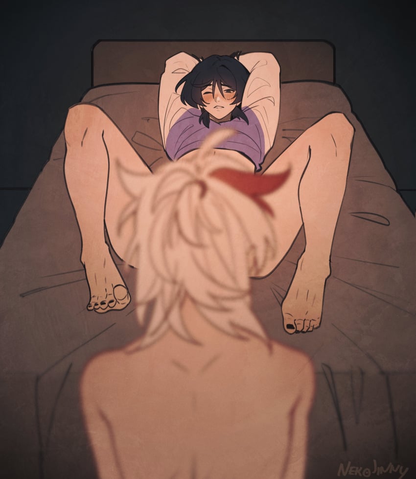 2boys arms_up bedroom black_hair black_hair_bottom blush bondage bottomless domination feet gay genshin_impact hoyoverse imminent_oral kaedehara_kazuha light_hair_on_dark_hair male nekojinnyart no_visible_genitalia on_bed one_eye_closed restrained scaramouche_(genshin_impact) spread_legs submissive submissive_male tied_up toenail_polish toes twink white_hair white_hair_on_black_hair white_hair_top wink yaoi