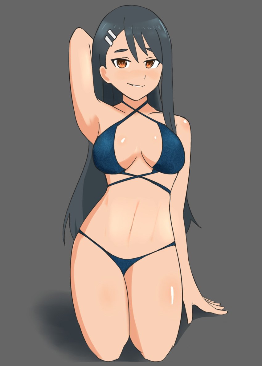 1girls bikini black_hair blush breasts brown_eyes clothed clothing female female_focus female_only hayase_nagatoro hi_res highres long_hair navel oksandio please_don't_bully_me,_nagatoro pose revealing_clothes simple_background sitting small_breasts smile solo tan tan-skinned_female tan_body tan_skin tanned tanned_female