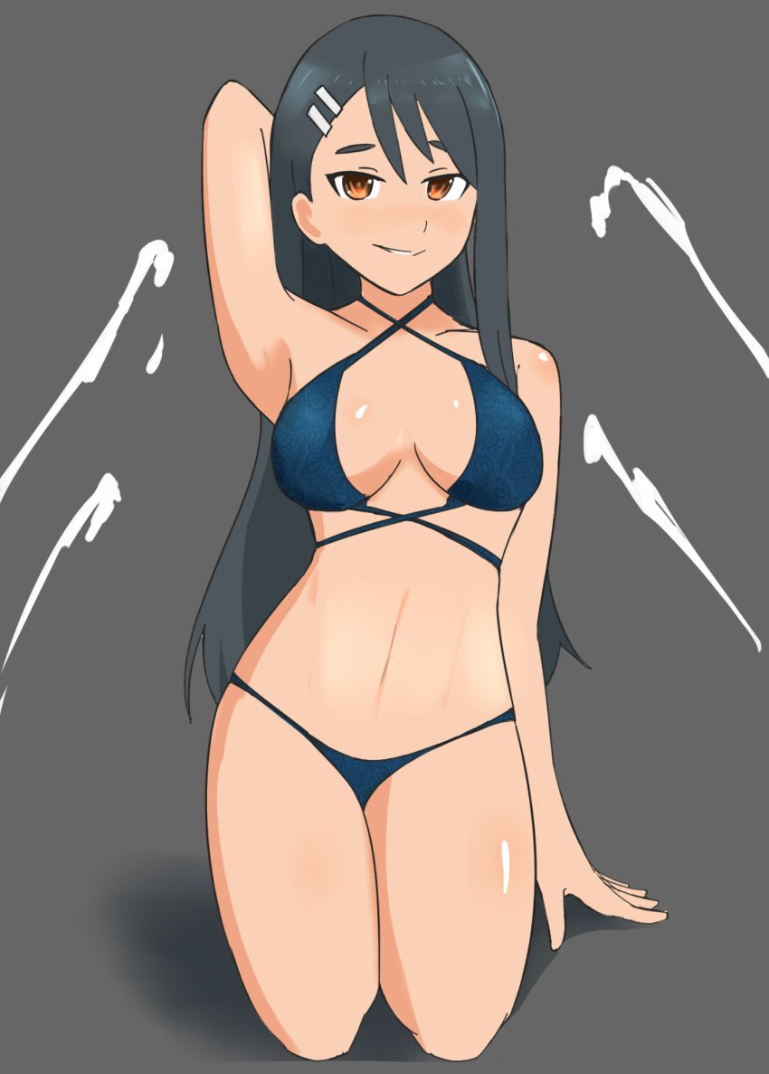 1girls bikini black_hair blush breasts brown_eyes bukkake clothed clothing cum cumshot female female_focus female_only hayase_nagatoro hi_res highres long_hair navel oksandio please_don't_bully_me,_nagatoro pose revealing_clothes simple_background sitting small_breasts smile solo tan tan-skinned_female tan_body tan_skin tanned tanned_female