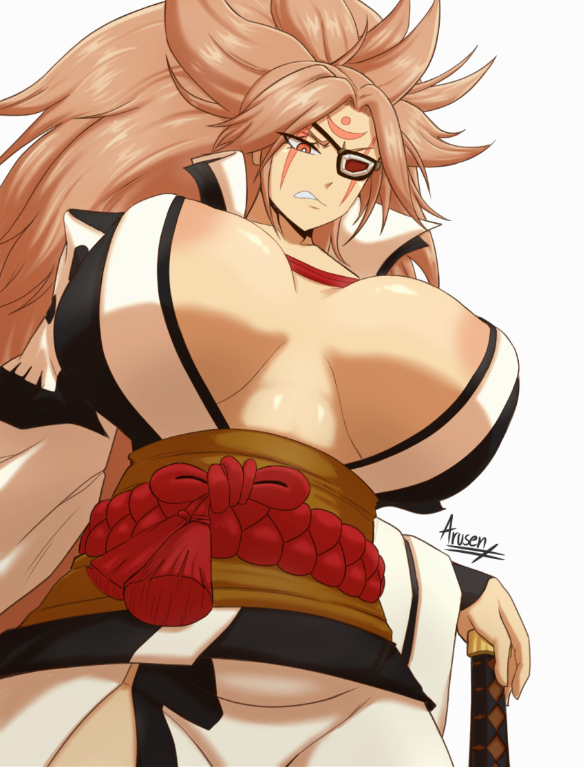 1girls amputee angry areolae arusen baiken big_breasts cleavage eyepatch female female_only guilty_gear guilty_gear_strive japanese_clothes japanese_female large_breasts looking_at_viewer nipple_slip scar scar_across_eye solo solo_female solo_focus thick_thighs thighs worm's-eye_view