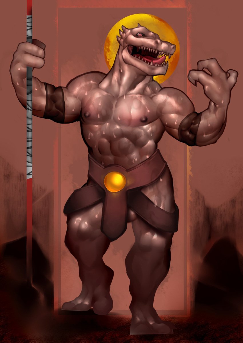 abs adriygolden anthro balls balls_outline biceps bodily_fluids genital_outline genitals hi_res lizard male male_only muscular muscular_anthro muscular_male nipples pecs rak_wraithraiser reptile scalie sharp_teeth solo sweat teeth tower_of_god wraithraiser