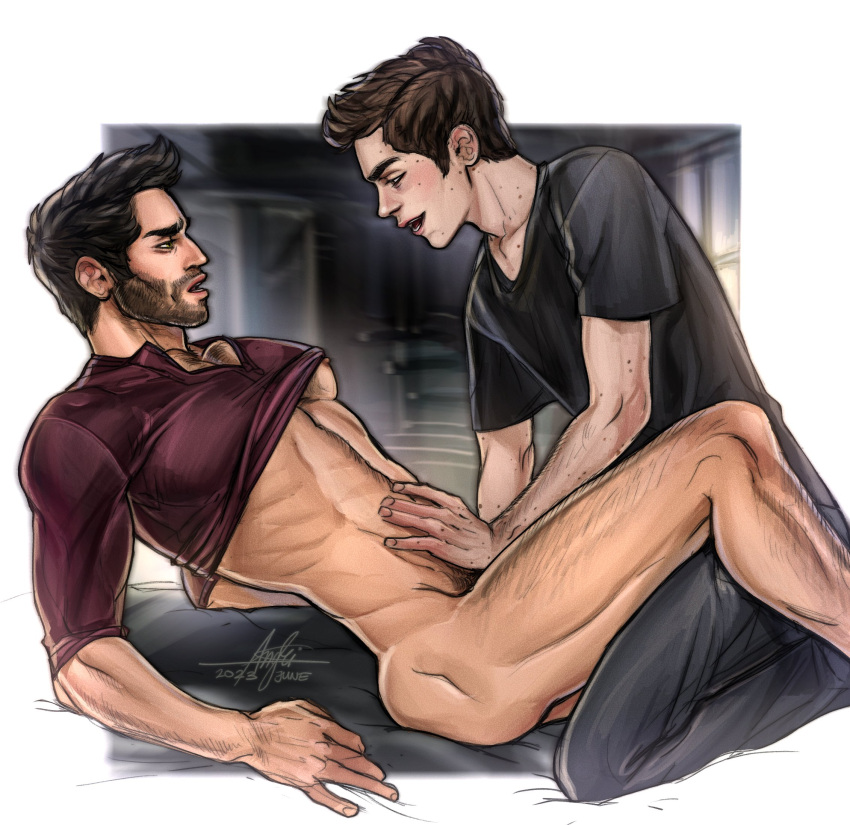 2023 2boys angkis-ayy artist_signature bara barazoku beard blush body_hair bottomless_male clothing derek_hale facial_hair gay hairy_chest human male male/male male_nipples male_only male_pubic_hair manly muscular_male mustache no_visible_genitalia stiles_stilinski teen_wolf yaoi