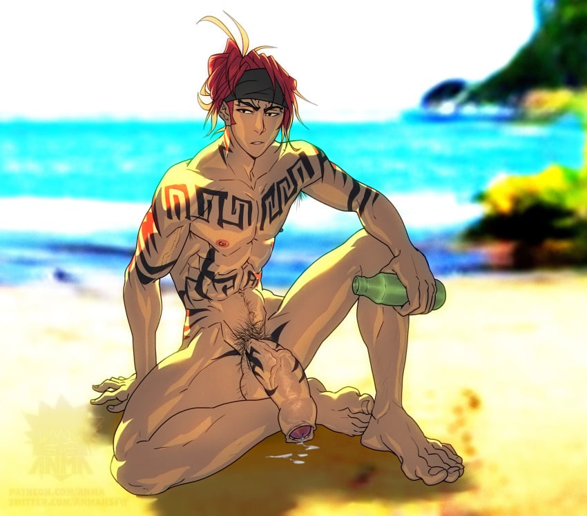 1boy abarai_renji anma barefoot beach big_feet bleach feet foreskin heavy_balls lad male_focus male_only nude penis renji_abarai sitting solo tattoo