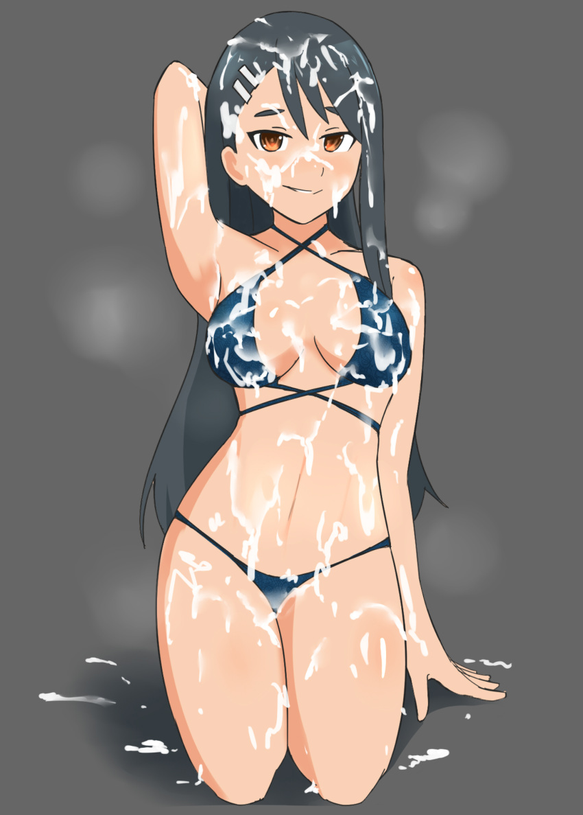 1girls bikini black_hair blush breasts brown_eyes bukkake clothed clothing cum cum_on_body cum_on_breasts cum_on_face female female_focus female_only hayase_nagatoro hi_res highres long_hair navel oksandio please_don't_bully_me,_nagatoro pose revealing_clothes simple_background sitting small_breasts smile solo tan tan-skinned_female tan_body tan_skin tanned tanned_female