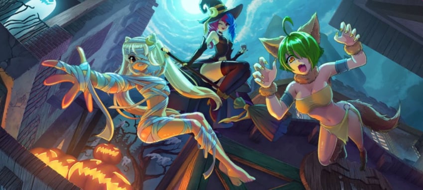 3girls ahoge animal_ears ankle_boots armlet bandeau bare_shoulders barefoot bear_girl blonde_hair blue_hair broom_riding cassie_(crush_crush) castle cg cloud crescent_hat_ornament crush_crush curvy_female cute_fang elbow_gloves eva_(crush_crush) facing_viewer female female_focus female_only fingerless_gloves full_body full_moon game_cg ghost green_hair hair_over_one_eye halloween happy inn jack-o'-lantern jumping legs_together loincloth long_hair looking_at_viewer low-angle_view multicolored_hair mummy navel_cutout night night_sky nutaku nutaku_(crush_crush) official_art one_eye_covered outdoors panties pantyshot pink_hair reaching_towards_viewer red_eyes red_fingernails red_nails sad_panda_studios short_hair side_saddle_position small_breasts smile smile_at_viewer tail thighhighs tied_hair twin_drills twintails two_tone_hair wine_glass wink witch witch_hat yellow_fingernails yellow_nails