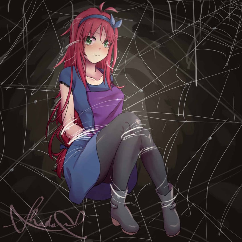 1girls apron blush bondage bound bow female female_only fully_clothed green_eyes looking_at_viewer pink_hair restrained scared shadoupamine solo spider_web stylist_(terraria) tears terraria