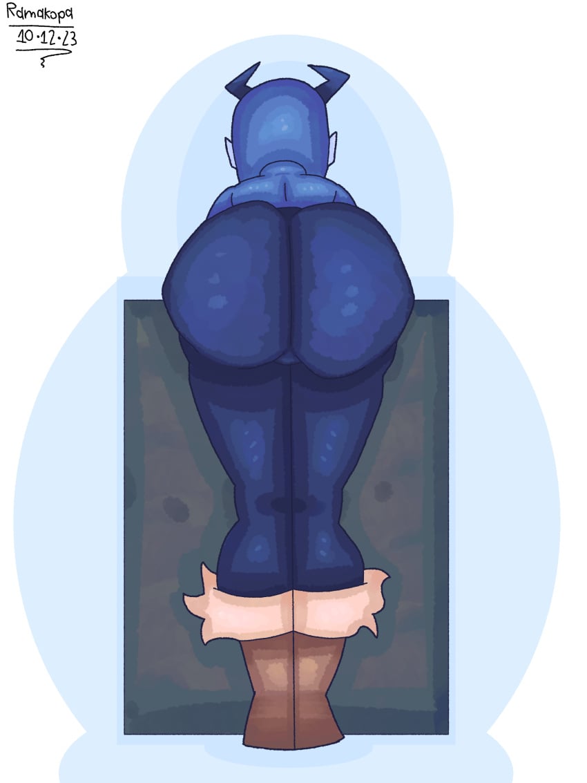 ass ass_focus big_ass blue_hair clothing horns jeans penny_(ramakopa) ramakopa_(artist)