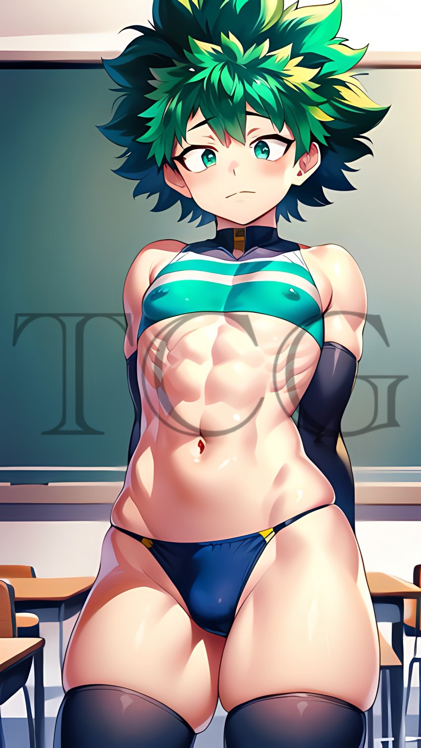 ai_generated arms_behind_back armwear black_thighhighs boku_no_hero_academia classroom crop_top deku elbow_gloves femboy genderswap green_eyes green_hair izuku_midoriya midoriya_izuku my_hero_academia thechronicgamer thighhighs thong toned_male