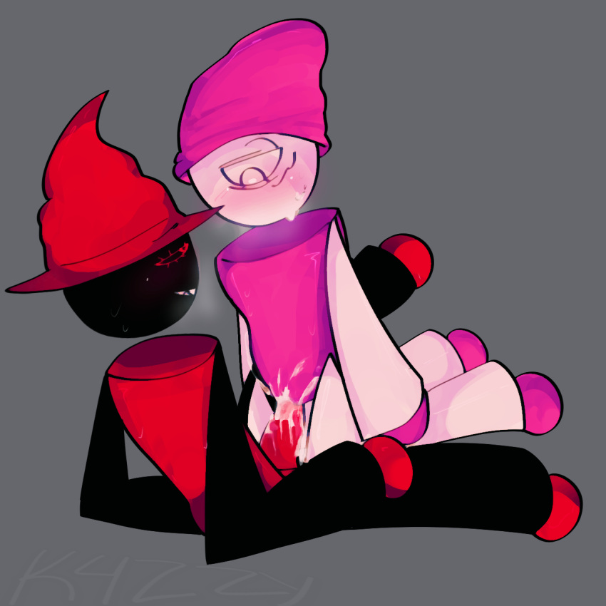 1boy1girl bambisona black_arms cowgirl_position cum cum_in_pussy dave_and_bambi_mod expunged_(rapparep) female hat heart-shaped_pupils leg_up maji_(noobusace) non-human non-human_only one_eye phrygian_cap pink_body pink_hat red_body red_hat request sweat tentacle_penetration true_expunged watermark