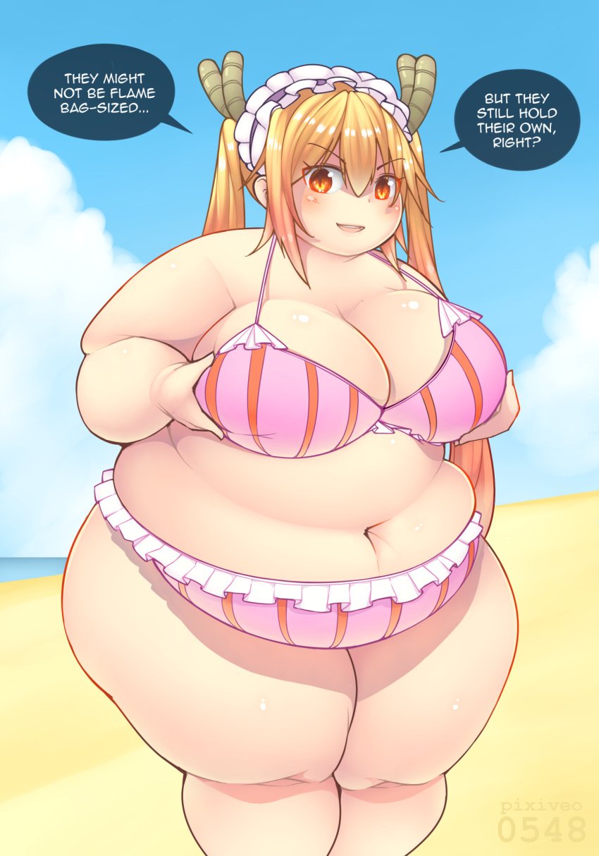 1girls 2021 alternate_version_available bbw beach belly bikini blonde_hair breasts chubby chubby_female english english_text fat fat_woman female female_only hi_res high_resolution hips holding_breast holding_own_breast huge_breasts long_hair miss_kobayashi's_dragon_maid obese obese_female orange_eyes overweight pixiveo sfw_version solo speech_bubble swimsuit text thick_thighs thighs tohru_(dragon_maid) twintails wide_hips