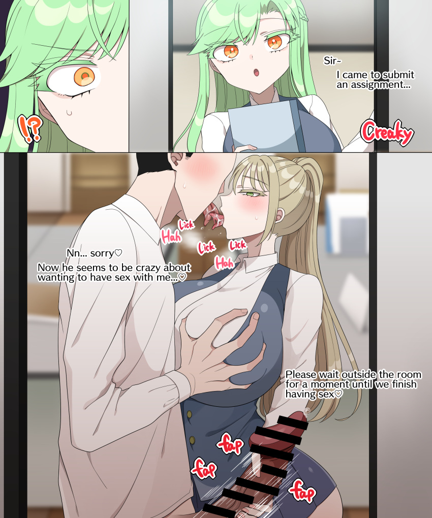 1boy 2girls big_breasts big_penis breasts busty censor_bar censored censored_penis curvaceous curvy curvy_body curvy_female curvy_figure english english_text female green_hair huge_breasts huge_cock large_breasts merode original original_characters penis ponytail text voluptuous yopp_u